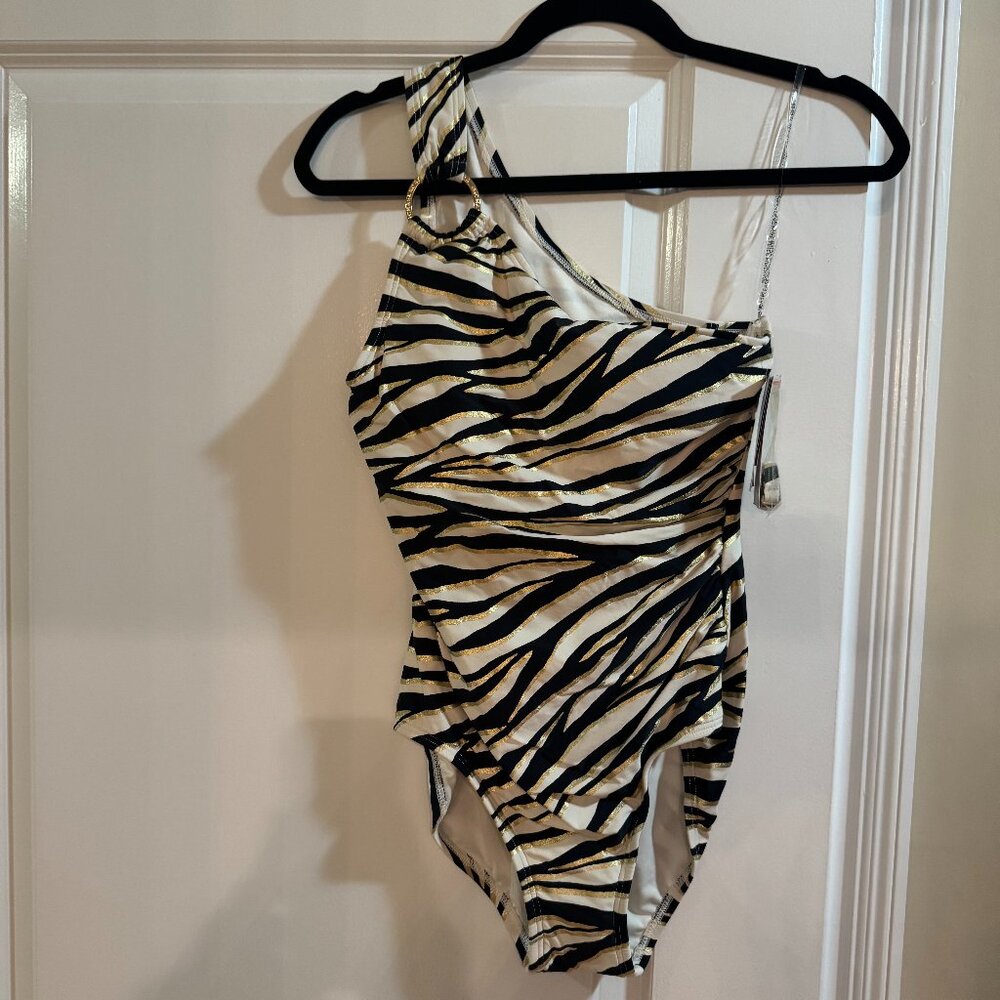 Michael Michael Kors Women's Animal-Print One-Shoulder One-Piece Swimsuit - Blac
